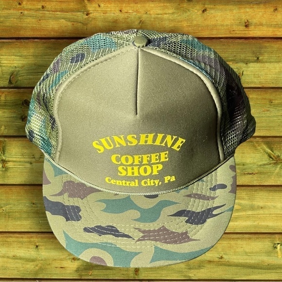 NWOT Sunshine Coffee Shop Central PA Camouflage Trucker Cap Green Yellow - Picture 2 of 10